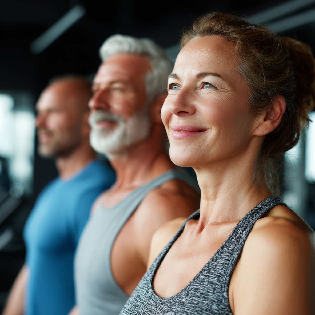 Усмихнат мъж на 35 години в спортно облекло в модерна фитнес зала, показващ увереност и здраве